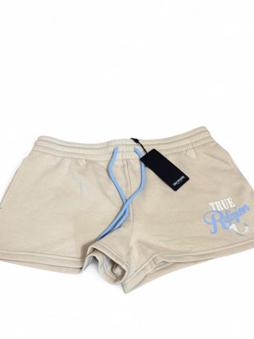 True Religion Cream Athletic Shorts with Light Blue Drawstring